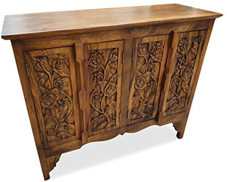 Massivholz Schrank SIAM II - 80x96cm Kommode aus Akazie mit Schnitzerei (Kolonial)