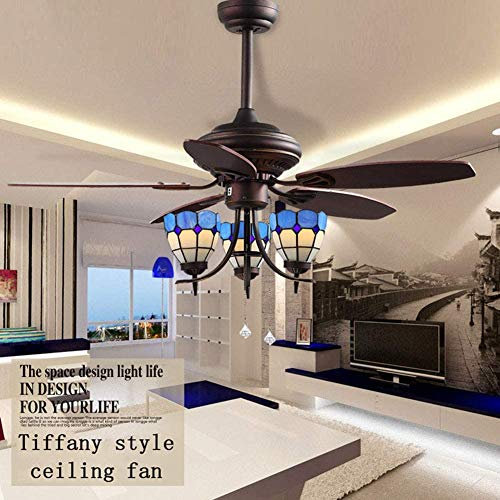 DALUXE Ventiladores De Techo De Tiffany con Vivir Techo De La Lámpara Europea Faner Ventilador Retro Luz De Techo con 5 Hojas De Madera Reversibles Y Sistema De Tracción Remota,Control De Tracción