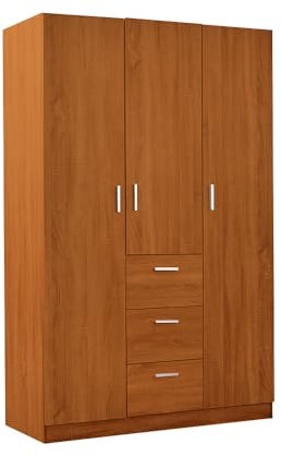 Panana Modern 3 Door Large Wooden Triple Wardrobe Clothes Closet Storage Organiser Furniture Units with Shelves and Drawers Bedroom, 115 x 49 x 181cm (Brown)