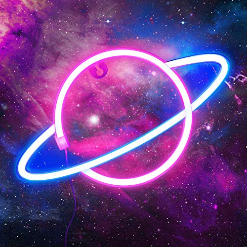 Criacr Planet Neon Light, Blau Pink Planet Neon Sign, LED Nachtlicht Neonschilder, USB/Batteriebetriebene Planet Lampe Neonlicht für Zuhause, Kinderzimmer, Bar, Geburtstagsfeier, Weihnachten