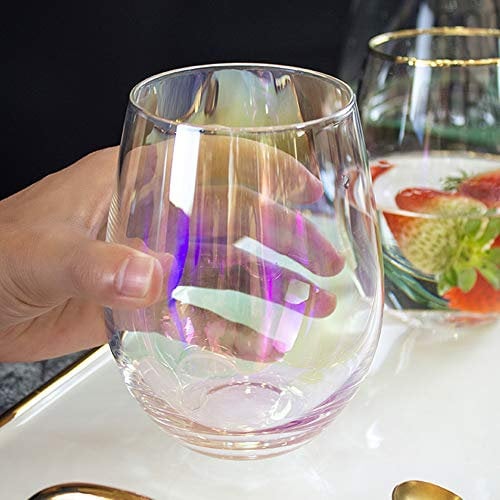 Stemless Wine Gass, Crystal Red Wine Glasses - Unique, for Women, Wedding, Christmas, Birthday - 17oz, Plastic Wine Tumbler (Iridescent)