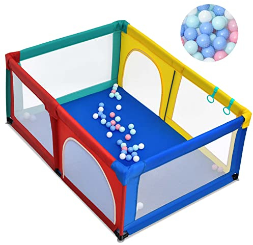 COSTWAY 120 x 190cm Baby Laufstall mit 50 Spielbällen, Laufgitter mit atmungsaktivem Netz und Reißverschluss, Krabbelgitter 2 Türen, Laufgitterzelt für Säuglinge und Kleinkinder (Bunt)