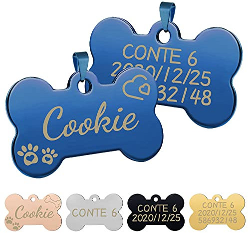 Uiopa 2 Piezas Chapa Perro Grabada, Hueso Placas para Perros Personalizadas de Acero Inoxidable, Etiquetas de Identificación de Mascotas para Collar Gato (Azul, S)
