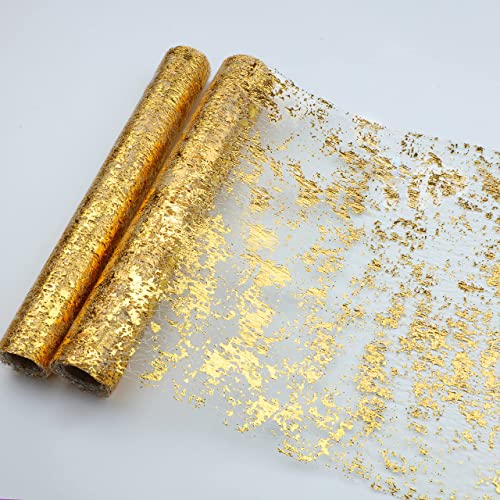 Snowkingdom 5.5M Gold Table Runner, 2 Pieces Sequin Glitter Metallic Foil Thin Mesh Runner Roll 11x108, Gold Table Decorations for Event Party, Wedding, Birthday Party, Christmas, Thanksgiving