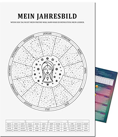 Mein Jahresbild by Presentou | Gestalte dein Jahr als individuelles Bild | inklusive psychologischer Auswertung | Sternzeichen Kalender zum Ausmalen täglicher Stimmungslage (Jungfrau A3 (29,7x42cm))