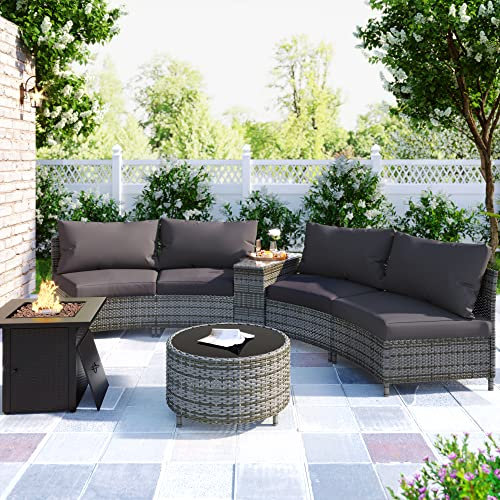 6-teiliges Rattan-Sofa-Set für den Außenbereich, Halbmond, Rattan, Terrassenmöbel-Set, wetterfest, Rattan, Rattan, mit rundem Couchtisch, geschwungenes Sofa-Set, graues Korbgeflecht + graue Kissen