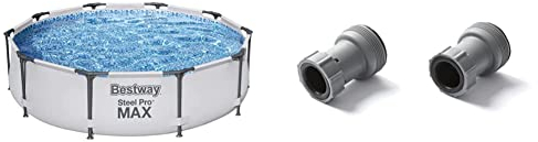 BESTWAY 56406D - Piscina Desmontable Tubular Steel Pro MAX 305 x 76 cm, Multicolor + Adaptadores de Manguera Diámetro 38 mm con Válvula de 32 mm para Bomba de Filtrado para Piscina
