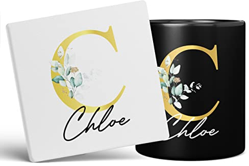 Personalised Letter C Floral Mug Initial with Name, Customised Gift, Gold Effect Printed Letter, NOT Metallic - Ceramic Coffee Cup for Men or Women, Extra Large and Giant Mug, 11oz Black Cup & Coaster