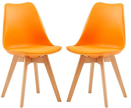 EGGREE 2er Set Esszimmerstühle mit Massivholz Buche Bein SGS Geprüfter, Skandinavisch Design Gepolsterter aus PU-Leder Küchenstuhl Essstühle, Orange