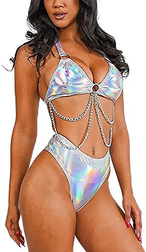 EVELUST Damen Metallic Glitzer Festival Outfit - Rave Body Chain Harness Oberteil High Cut Bottom Tanz Kostüm Bikini Set(Silver,XS,1314w)