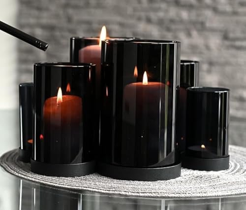 CeleBig® Windlicht 2er Set (6 Gläser) mit Meereslicht-Effekt | Lichtermeer | Kerzenhalter mit Windlicht | Glaszylinder | Kerzenständer Schwarz | Windlicht Set | Geschenkartikel