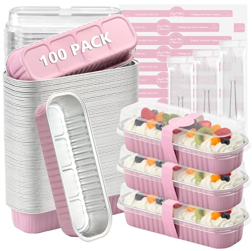 Ruckae 100 Pack Mini Loaf Cake Pan with Lids and Spoons Disposable Aluminum Tin Foil Pans Rectangle Mini Loaf Pans with Lids for Baking,Party,Picnics,Holidays (Pink)