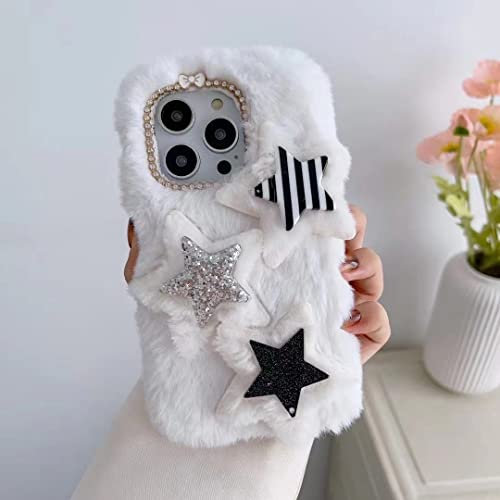 Femmes Girly Fuzzy Fluffy Cartoon Fur Antichoc Téléphone pour Xiaomi 11T/11T Pro-6.Blanc avec étoiles