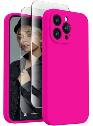 FireNova Designed for iPhone 15 Pro Max Case, Silicone Upgraded [Camera Protection] Phone Case with [2 Screen Protectors], Soft Anti-Scratch Microfiber Lining Inside, 6.7 inch, Hot Pink