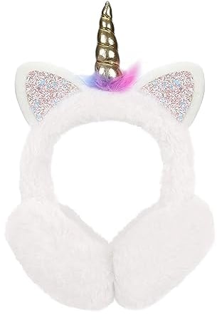 KALUROIL Ohrenschützer mit süßem Katzenohren-Design | Weiche Ohrenwärmer aus Plüsch für Damen und Mädchen | Weiße Katzenohren Einhorn