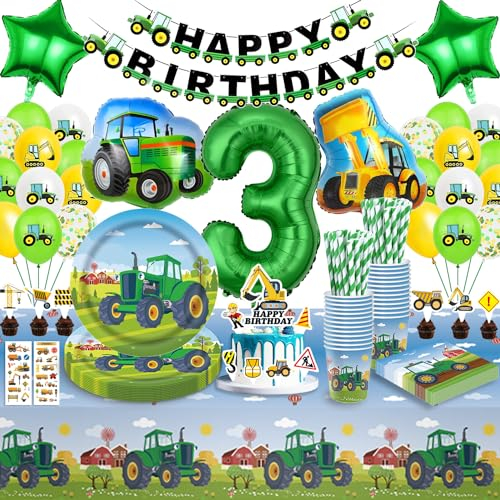 Traktor Partygeschirr Kindergeburtstag 3, Traktor Geburtstag Deko 3 Jahre, Traktor Deko Kindergeburtstag 3, Geburtstag Deko 3 Jahre Junge Traktor Luftballons Pappteller Tischdecke für Junge 16 Gäste