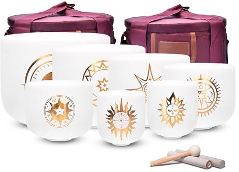 Alioth 7-12 inch Mystic symbols Set of 7 Crystal Singing Bowls with Heavy Duty Carrying Cases and Singing Bowl Mallets