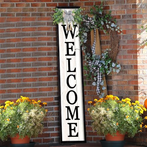 flowtorely Outdoor Welcome Sign for Front Porch Standing 45X9 Tall Wood Frame Vertical Leaner farmhouse Outside Rustic Large Welcome Sign for Front Door Home Decorations (Black)
