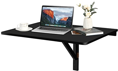 GYMAX Wandklapptisch 80 x 60 cm, Küchentisch Klappbar, platzsparender Esstisch aus Holz, Schreibtisch Wandmontage, Klapptisch, Wandtisch für Esszimmer & Arbeitszimmer (Schwarz)