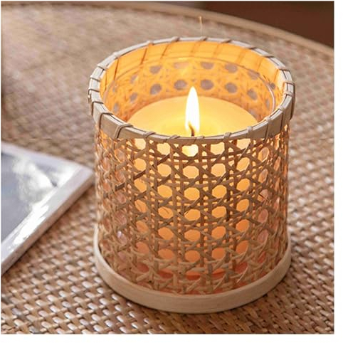 Votivkerzenhalter aus Gewebtem Rattan mit Glas Hurricane Teelichthalter,Dekorativer Teelicht Kerzenleuchter Vase,Rohrgeflecht Teelichtglas Kerzenständer für Tischdekoration Hochzeit,Geburtstag,Partys