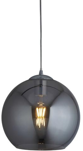 Licht-Erlebnisse Hängeleuchte Rauchglas rund Ø 35 cm Kugel Schirm Chrom Grau E27 Höhe verstellbar bis 1,2 m Retro Design Pendelleuchte Esszimmer Wohnzimmer