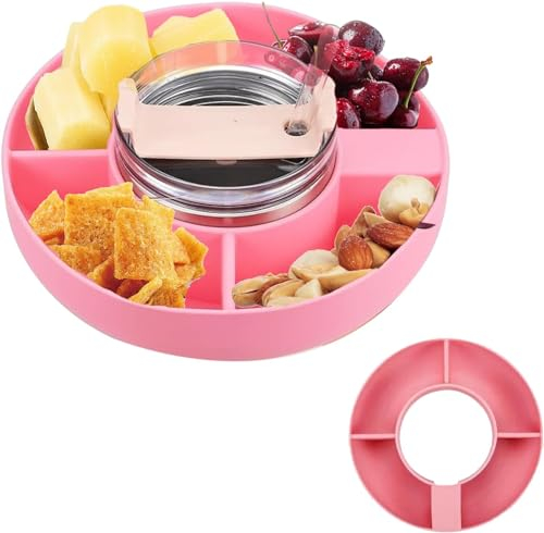 Snack Tray for Stanley Cup 40oz | 4 Silicon Compartments Tray Stanleys Accessories kit, Bottom Grip & Straw Cover Caps, Fits 40 oz Quencher H2.0 Cup - Stanley Compatible Snack Bowl (Pink)