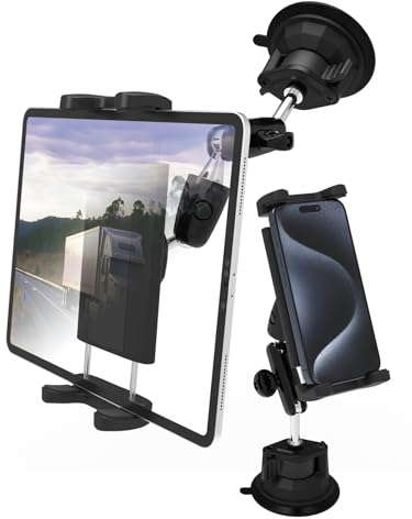 LYFPOOM Soporte de ventosa para coche, con ventosa de carga pesada, doble cabezal de bola de metal, para coche o camión, soporte para tablet de 4 a 12,9 pulgadas, iPad Pro/Air/Mini, iPhone, etc