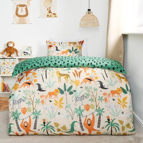 OHS Safari Single Duvet Cover Set, Ultra Soft Comfy Quilt Covers Bedding Set Reversible Animal Print Bedding Single Boys Kids Duvet Covers with Pillowcase, Green/White