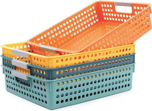 BSTMOME 4 Pack Plastic Storage Tray Basket, A4 Rectangular Plastic Shallow Basket,14 Inches x 10 Inches x 3.4 Inches, Great for Living Room, Office, Bathroom, Bedroom, School, Shops,Colorful