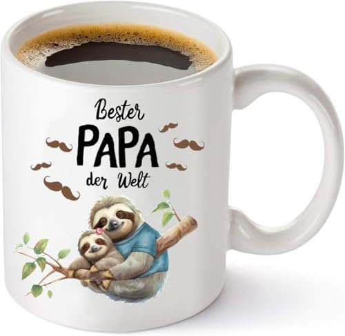 Merrwon Papa Faultier Tasse mit Spruch Beste Papa der Welt - 330ml Keramik Kaffeetassen mikrowellengeeignet spülmaschinenfest, Geschenke für Vater zu Geburtstag, Weihnachten und Vatertag