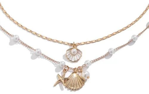 FDEETY Muschel Anhänger Halskette Set Mit Perlen Damen Doppellagige Kette Goldenes Schmuckstück Für Frauen Elegantes Design Modeschmuck Halskette