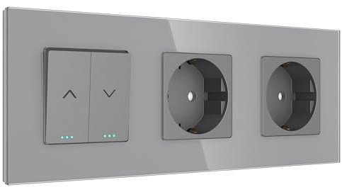 PULSAR Rolladentaster mit 2 Steckdosen Unterputz Glas Grau 3-Fach - Jalousietaster Rollo/Rouleau/Jalousette Taster mit 2x Steckdose 228 x 86mm