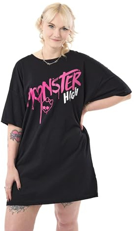 Monster High Womens Black Short Sleeved T-Shirt Dress | Spray Paint Graphic Tee Fashion Apparel | Trendy Goth Clothing for Women | Edgy Casual Wear for Teens & Adults