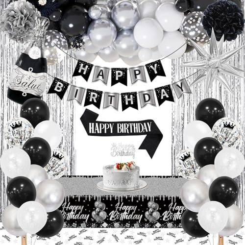 Geburtstagsdeko Schwarz Silber, Silber Schwarz Weiß Party Deko Set mit Happy Birthday Banner, Konfetti Luftballons, Schärpe, Tischdecke, Vorhang, Pompons für Mann Frauen Junge Mädchen Geburtstag Deko