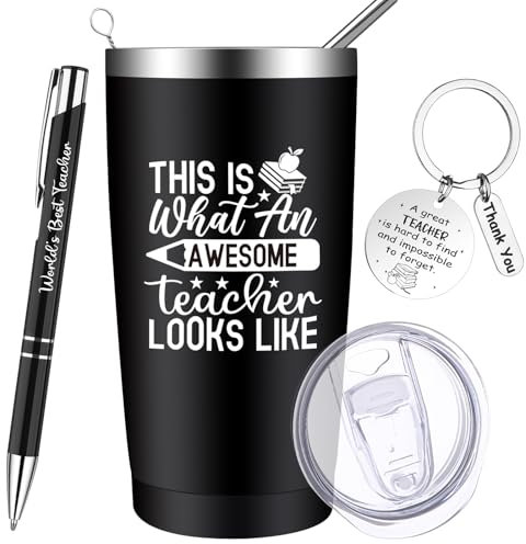 YXSJAS Thank You Teacher Gifts Teachers Mug 20Oz Personalised Travel Mug This is What an Awesome Teacher Looks Like for Men Gift with Keychain,Pen Birthday Appreciation Leaving Gifts