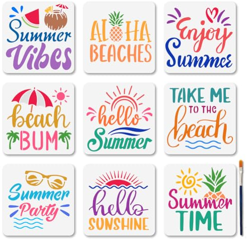MAYJOYDIY 16 Stück Sommer Strand Schablonen Set Wassermelonen Kokosnusssaft Schablonen Zum Malen 15×15cm Rettungsring Surfbrett Kunstvorlagen Mit Pinsel Für Fenster Holz Wände Zuhause Geschenk Dekor