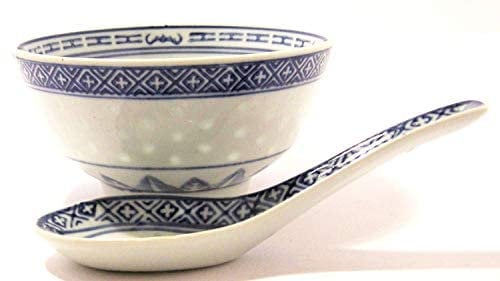 NaturallyTakeCare Set of 6 Bowls & 6 Spoons 4/10cm, 14cm Spoon Oriental Chinese Porcelain Decorated Blue and White Rice