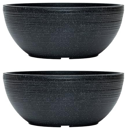 simpa Grooved Speckle Bowl Pot Plastic Planter - Suitable for Indoor or Outdoor Use - 13cm (H) x 35cm (Dia) (2, Black)