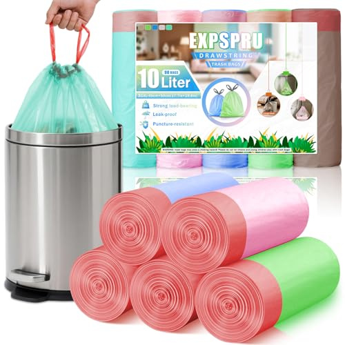 Expspru 10L Bin Bags Colorful Drawstring Bin Liners Small Bin Bags with Handle Pedal Trash Bags for Bathroom,Office, Kitchen,90 Counts