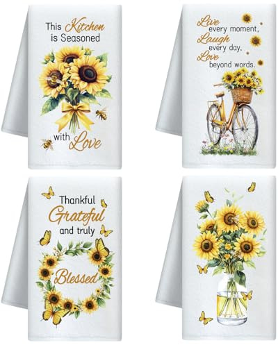 CUTHOLLOW 4er-Set Geschirrtücher mit Sonnenblume und Schmetterling Motiv - Weich & Saugfähig - Deko Geschirrtuch 60x40 cm, Trockentücher Microfaser für Küche, Kaffee, Bar, Geschenk zur Einweihung