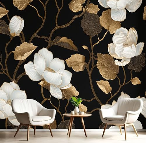 JEDTAKCT Black Gold Photo Wallpaper Chinese Garden 98X 69 250X175Cm (W X H), Luxurious Plants Wall Art Wallpaper Mural Modern Design Living Room Bedroom Hallway Murals Wall Decoration