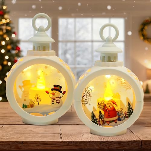 2 Stück Weihnachts Schneekugel Laterne, Flammenlose Weihnachtskerzen, LED Weihnachtsdeko Laterne mit Weihnachtsmann und Schneemann, Weihnachtslaterne Vintage für Schlafzimmer Garten Balkon Kamins