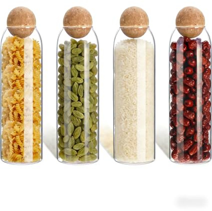vskikris 4 pcs 34oz/1000ML Glass Jars with Cork Lids Glass Food Storage Containers with Ball Stopper Coffee Canister for Beans,Nuts,Oats,Spices,Candies,Biscuits
