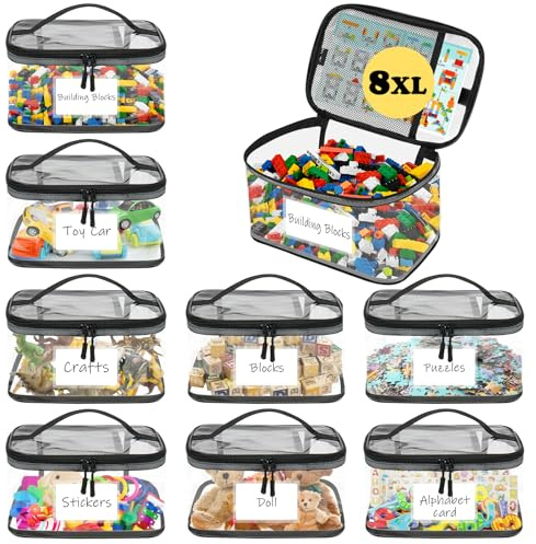 8er PVC Aufbewahrungstaschen für Spielzeug, Spielzeug Aufbewahrung Tasche | 30 x 20 x 15cm Transparente Wasserdichte mit Reißverschluss & Netzfächern, für Kinder Puzzle, Bausteine, Brettspiele, Bücher