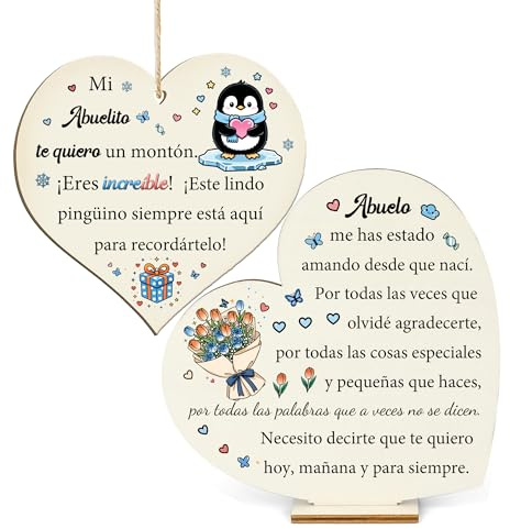 Regalos Pingüino Mamá Madrina Tía Cumpleaños Día Madre Cartel de Madera Adorno Juego de 2 Piezas Papá Abuelo Padre Placas de Corazón Hombres Mujeres Esposa Esposo Navidad Maestro Presentes (Abuelo)