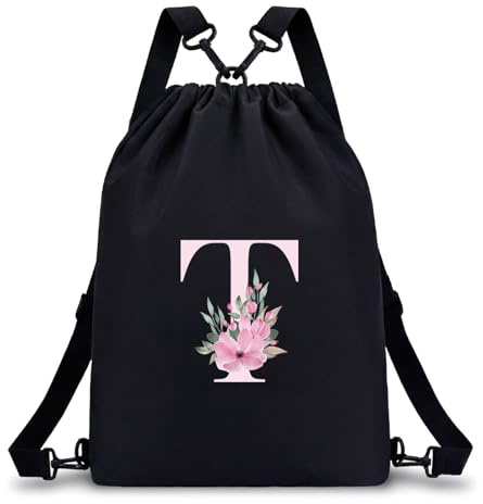 A-Z BAG Personalisierter Turnbeutel mit Buchstabe - Geschenk Mädchen, T | Sportbeutel Damen mit Blumen-Buchstabe, Schwimmbeutel Wasserfest, Stoffrucksack mit Kordelzug für Schule und Schwimmen