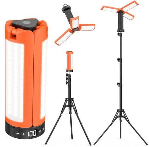 LED Campinglampe Aufladbar mit Teleskopstativ, 12000 mAh, 3 Lichtfarben Camping Lampe Akku, 6000LM dimmbare LED Arbeitsleuchte mit Magnet Haken und SOS, IP65 Werkstatt, Camping Garage Baustelle