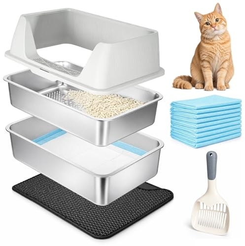 YORKING Stainless Steel Cat Litter Box XXL, Double Layer Large Metal Litter Tray with Lid, Scoop & Mat, Anti-Odor & Leakproof, Enclosed Cat Toilet, 59.5×39.5×30 cm
