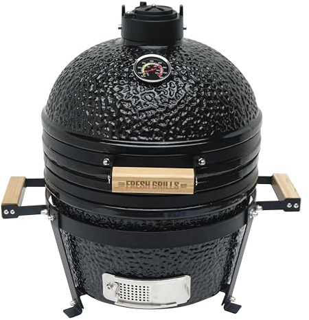 Kamado Grill 16 Ceramic Egg Charcoal Mini BBQ Smoker With Steel Stand Black Portable Outdoor Garden Barbecue Oven Smoking Baking Grilling 10-400°C Thermometer Utensils Kit Rain Cover
