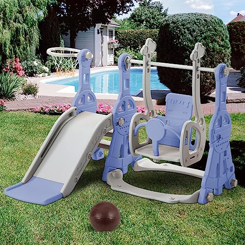 BRILVERDE Schaukel Rutsche,4-in-1-Rutsche für Kinder,Schaukel mit Rutsche, mit Basketball-Stand, Leiter (Blau)